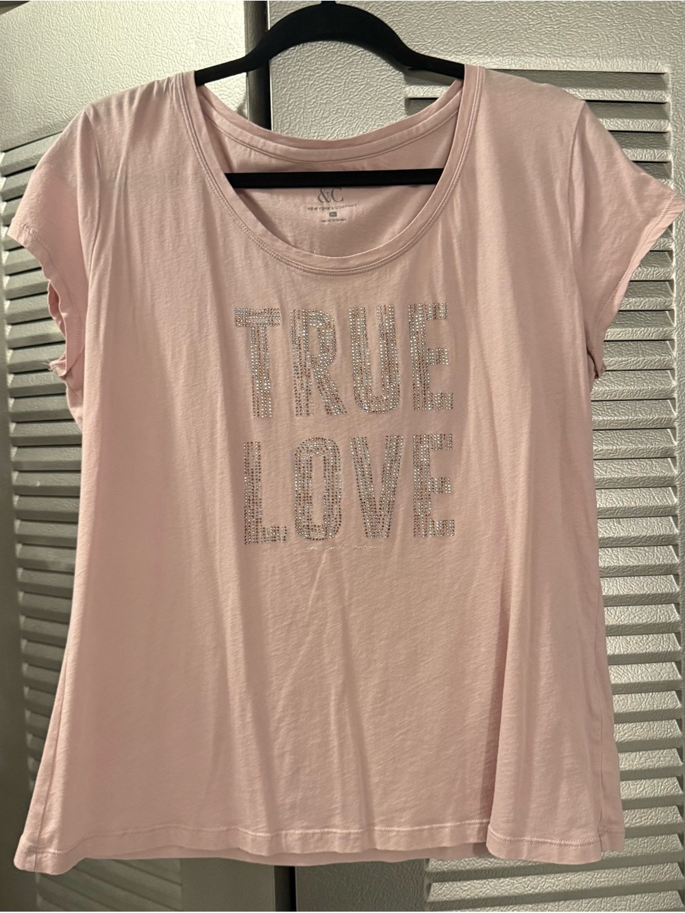 New York & Company Light Pink Tee with Rhinestone TRUE LOVE Graphic